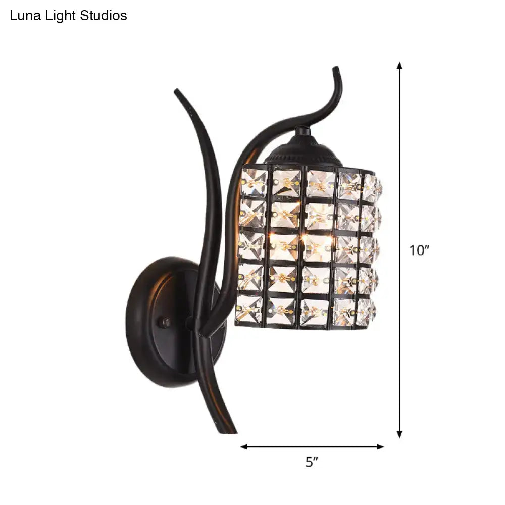 Minimalist black wrought iron crystal square sconce with curved leaf design for 110v-120v or 220v-240v wall light