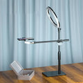Minimalist black finish led ring light stand with adjustable phone holder and silver circular led for bedroom vanity use
