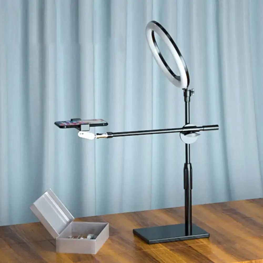 Minimalist black finish led ring light with phone holder bedroom vanity