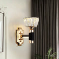 Minimalist black and gold wall sconce with faceted crystal shade and black accent band for e26 e27 bulb base lighting
