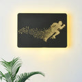 Minimalist black wall lamp fixture type featuring a glowing golden running man pattern 110v-120v bedroom LED lamp