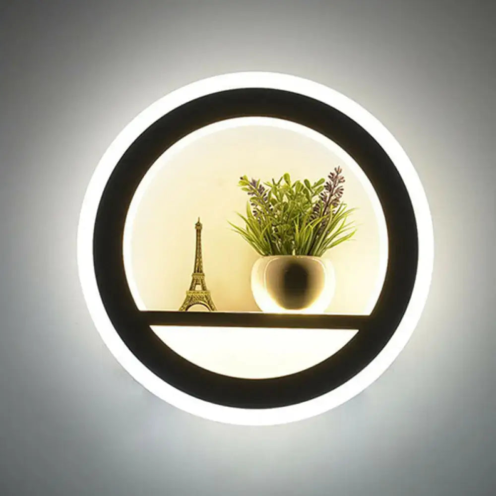Minimalist black & white circular led wall sconce with shelf living room