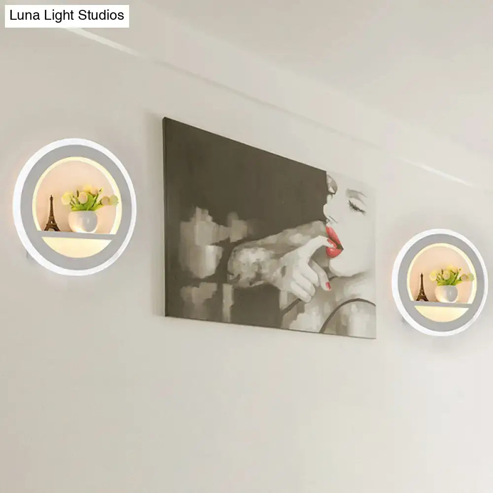 Minimalist black & white circular led wall sconce with shelf living room