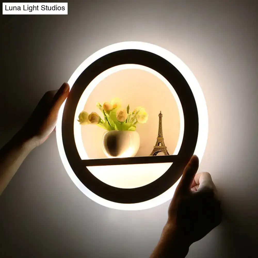 Minimalist black & white circular led wall sconce with shelf living room