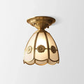 DecorBites minimalist brass flush mount with scalloped frosted glass shade and embossed floral motifs single bulb flush lighting