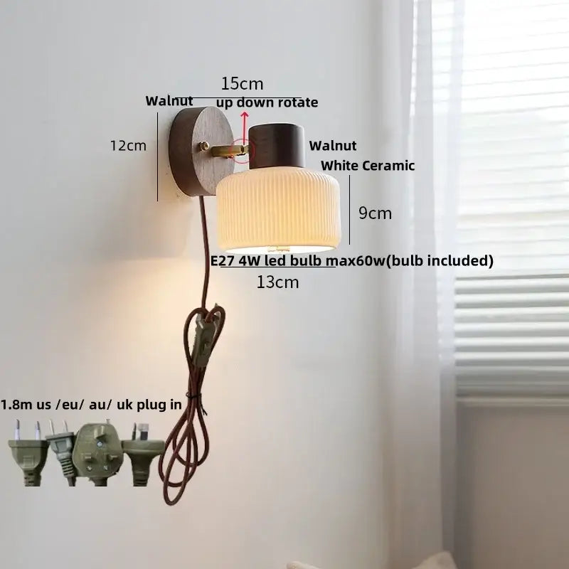 Minimalist ceramic walnut wood wall light bedroom reading lamp