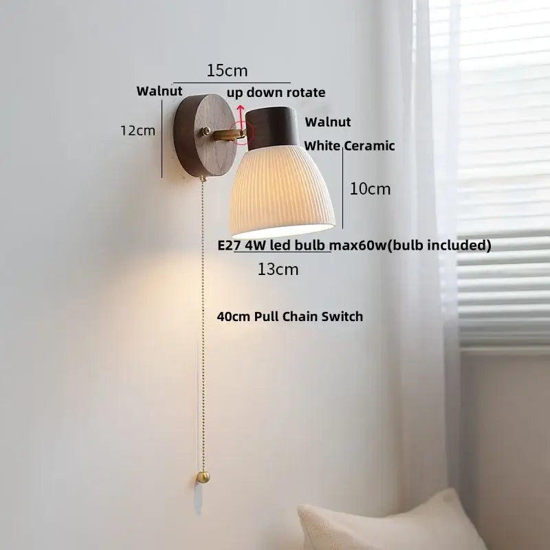 Minimalist ceramic walnut wood wall light bedroom reading lamp