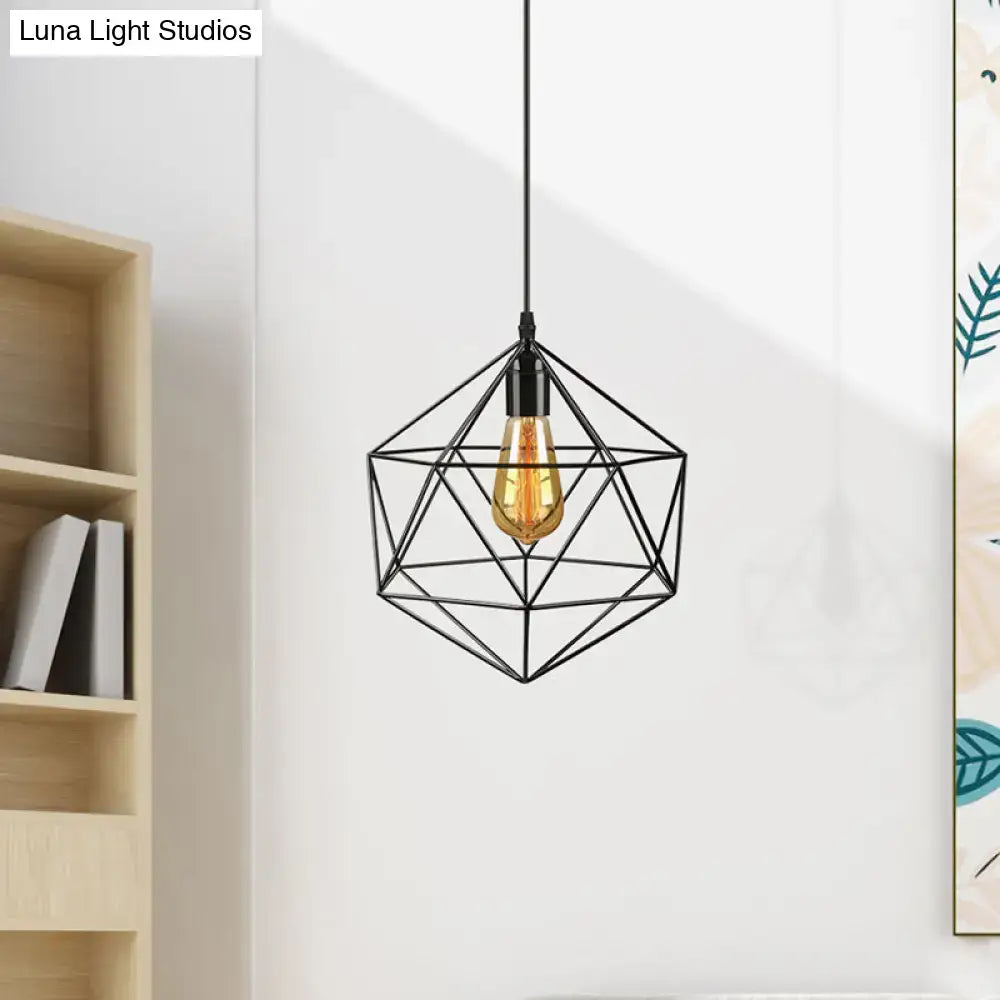 Decorbites geometric metal pendant light in black with warm amber filament bulb for industrial living room use