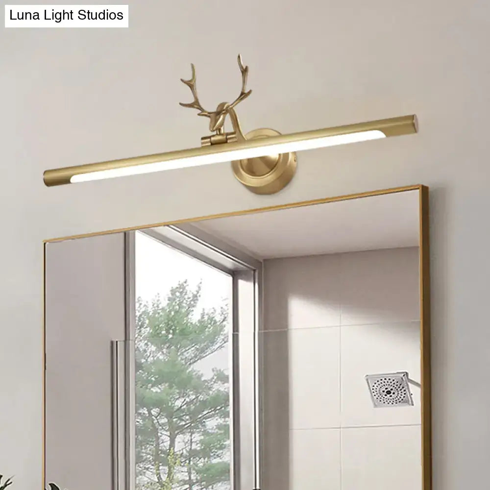 Minimalist gold bar wall sconce light with antler arm bathroom lamp