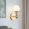 Minimalist gold wall sconce with hand blown frosted glass globe shade for elegant bedroom sconce light