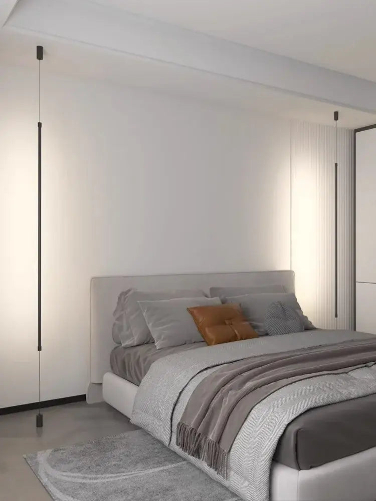 Minimalist matte black bedside pendant light straight strip bedroom