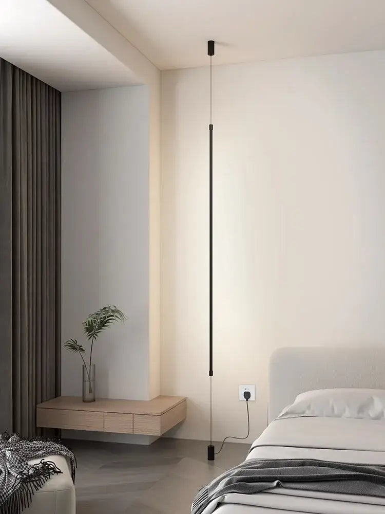 Minimalist matte black bedside pendant light straight strip bedroom