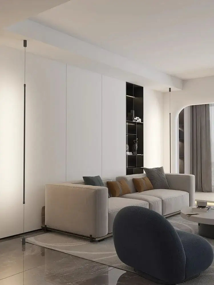 Minimalist matte black cylindrical pendant light strip bedroom