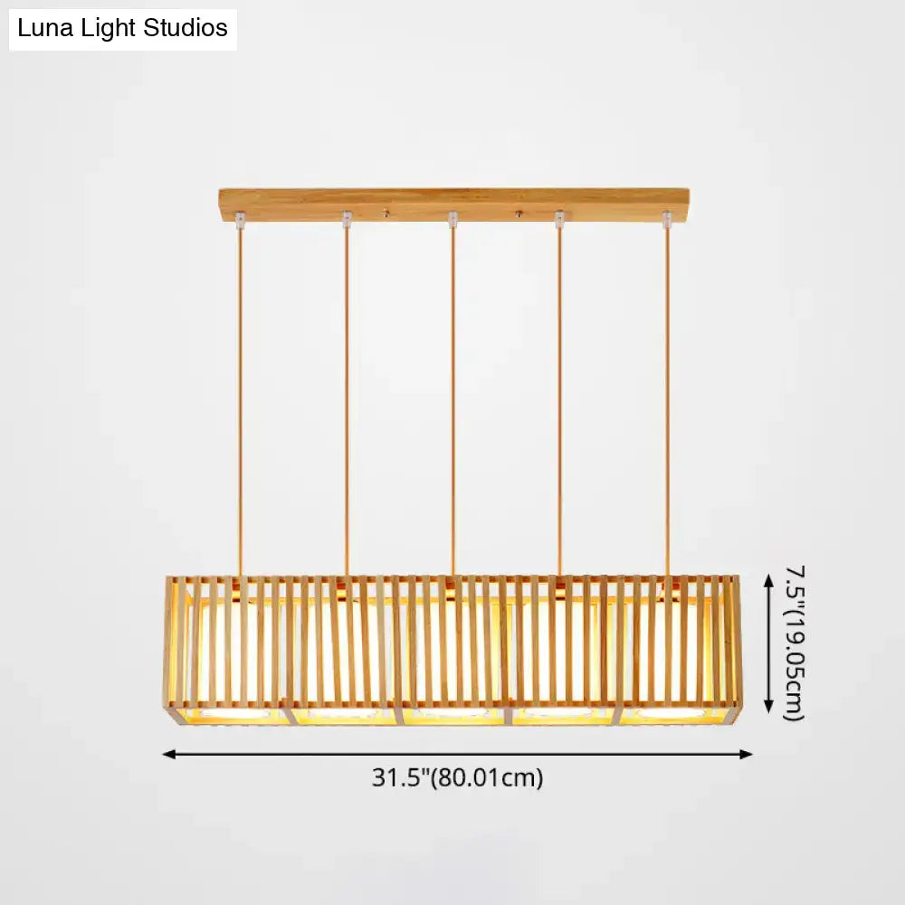 DecorBites Asian Wood island pendant light with warm-toned natural wood finish and vertical slats minimalist design