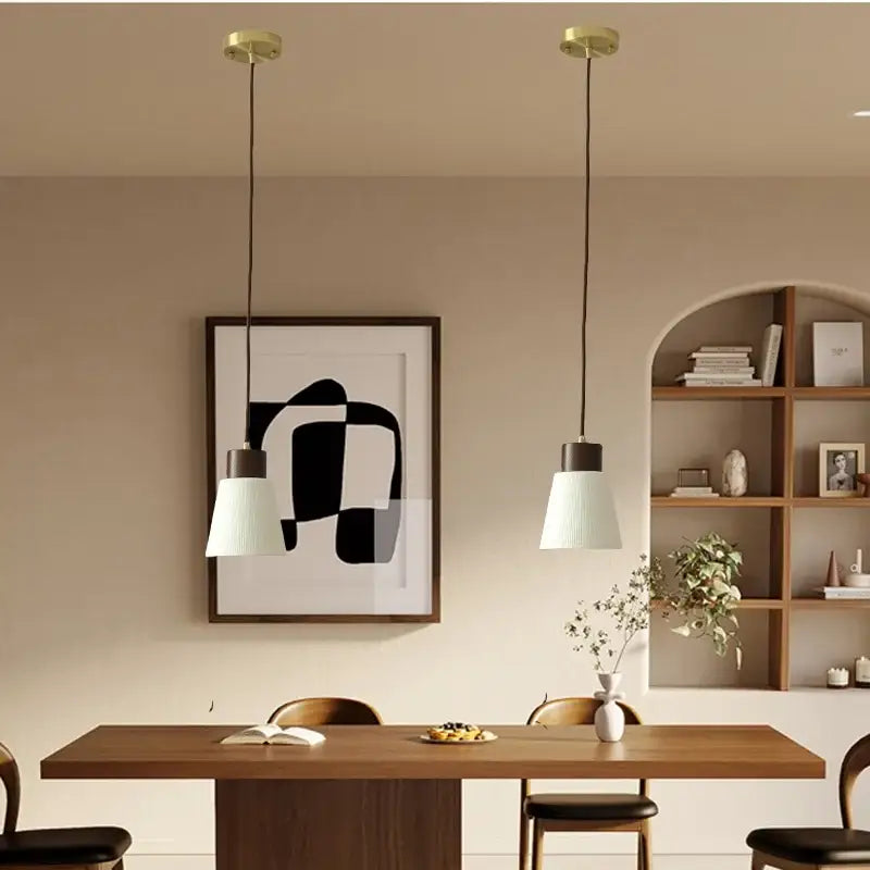 Minimalist pleated glass and wood pendant light fixture kitchen
