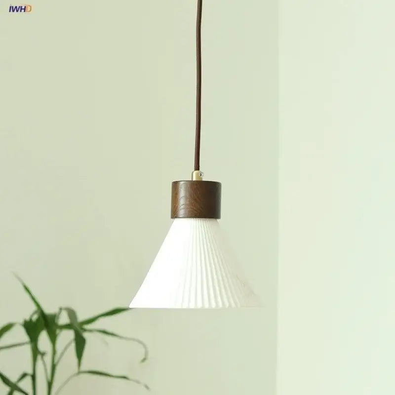 Minimalist pleated glass and wood pendant light fixture kitchen