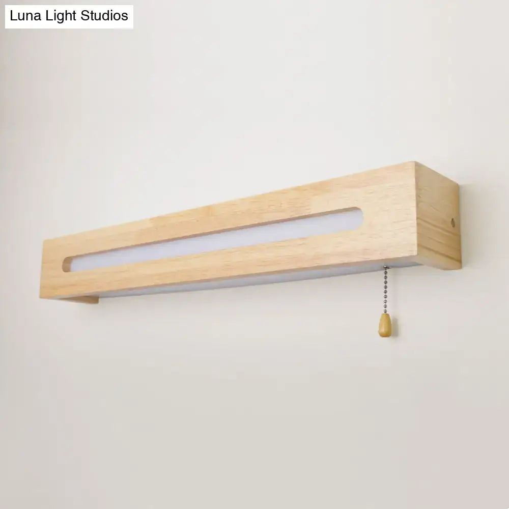 Minimalist rectangular wood wall sconce bedroom light with pull chain