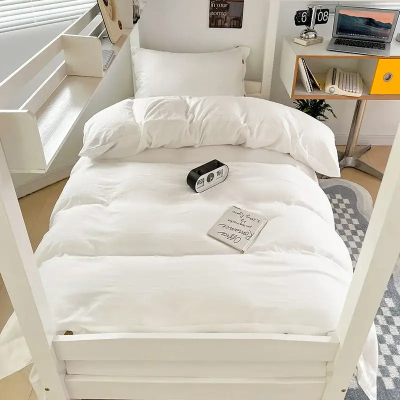 Minimalist white buttoned washed cotton bedding set bedroom duvet