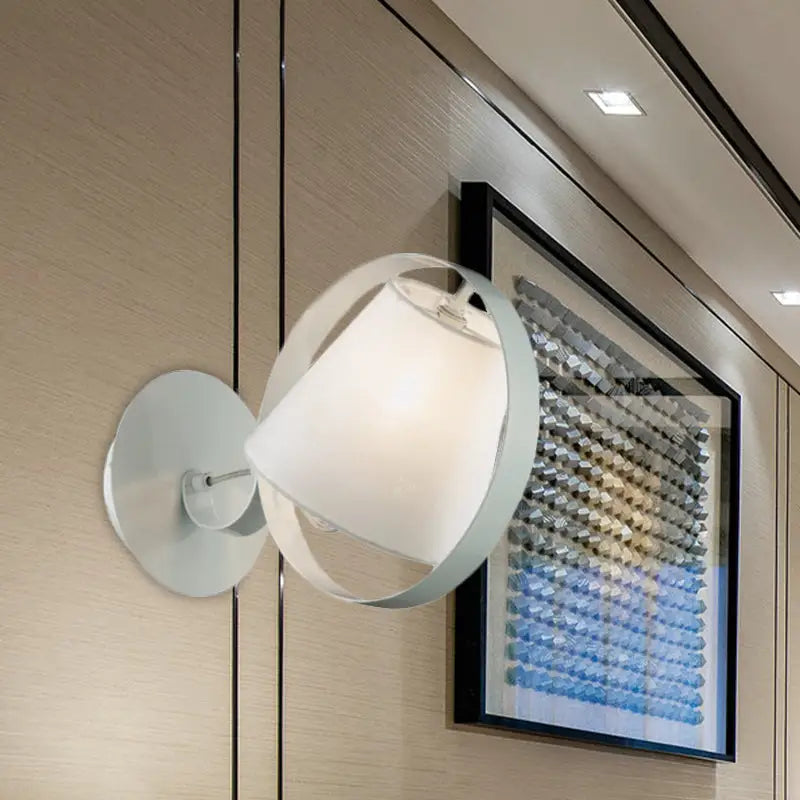 Minimalist white fabric wall light with metal ring bedroom sconce