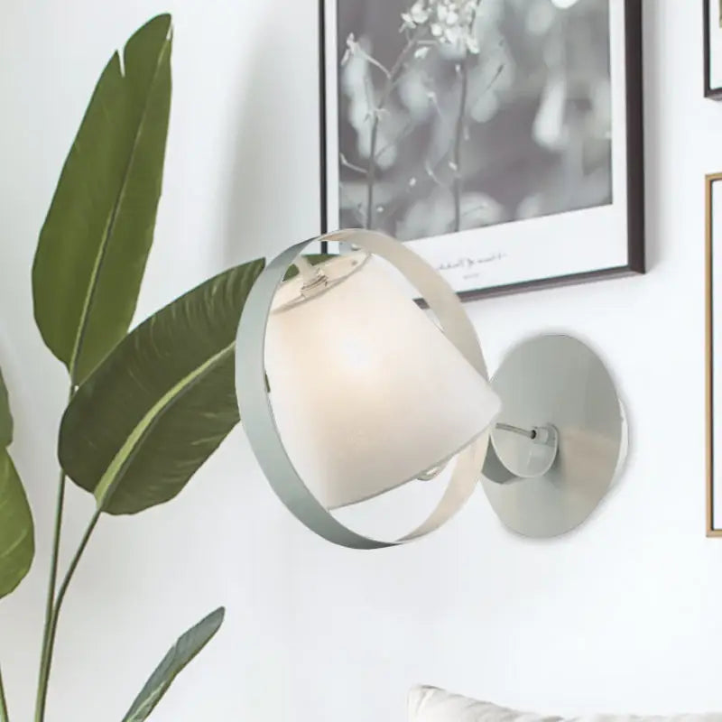 Minimalist white fabric wall light with metal ring bedroom sconce