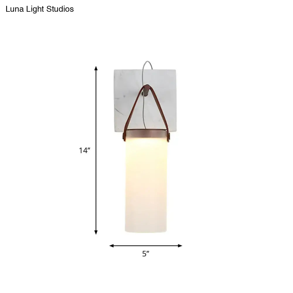 Minimalist white glass wall light with leather strap for bedroom