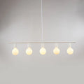 Minimalist white gold linear metal island lighting with five warm frosted glass bulbs for dining room