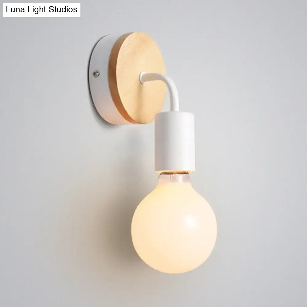 Minimalist white metal and wood bare bulb wall sconce bedroom light