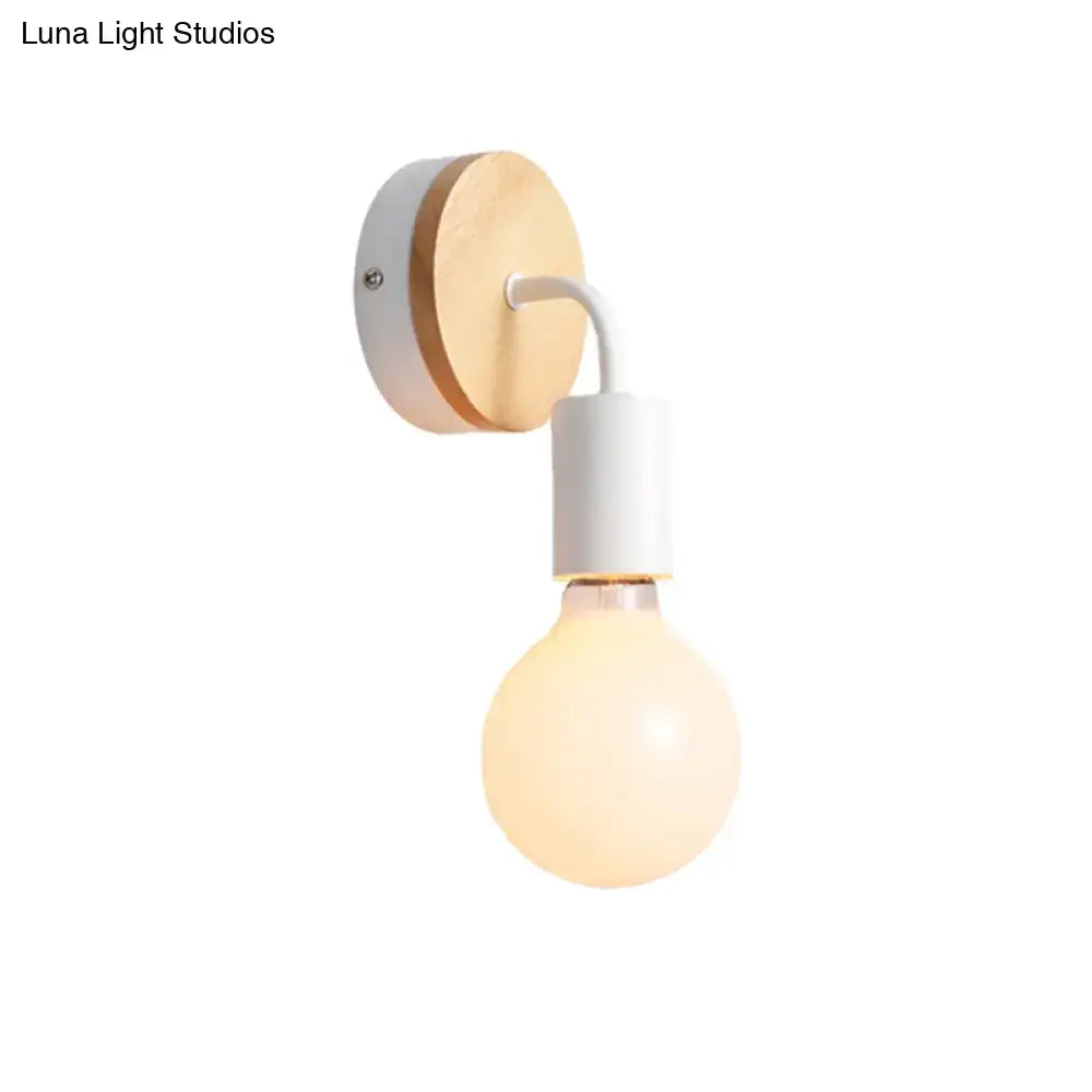 Minimalist white metal and wood bare bulb wall sconce bedroom light
