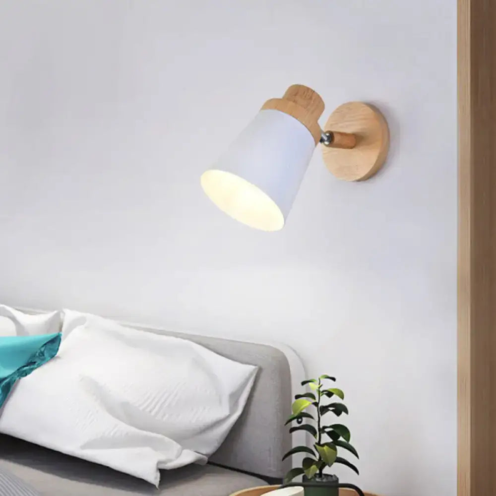 Minimalist white metal barrel wall lamp – living room wood sconce