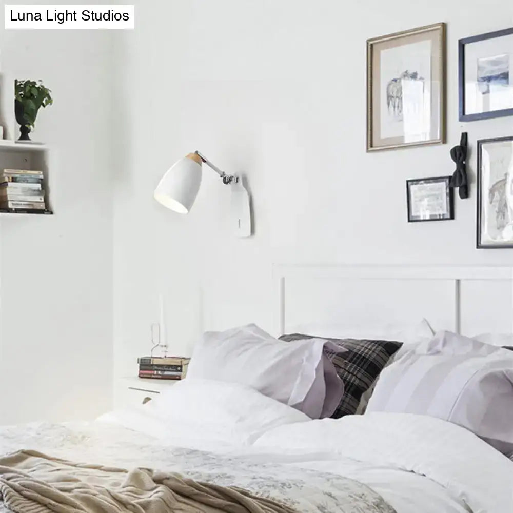 Minimalist white tapered wall light with wood accents – study desk lamp