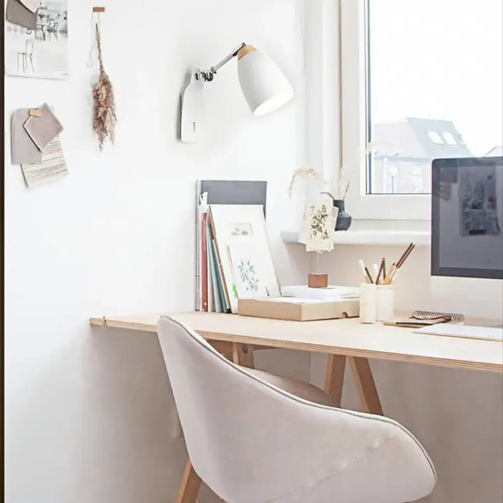 Minimalist white tapered wall light with wood accents – study desk lamp