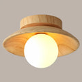 Decorbites™ sleek wooden ceiling light with warm wood finish and frosted glass globe semi-flush mount canopy width