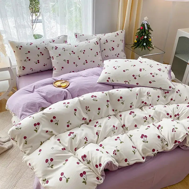 Mint green & cream cartoon heart plant quilt set bedroom bedding