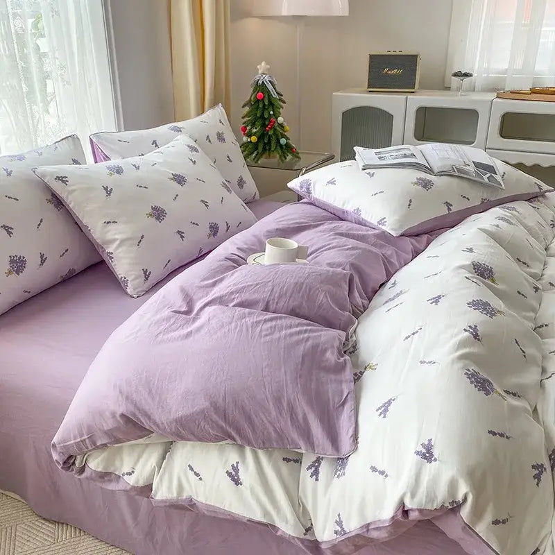 Mint green & cream cartoon heart plant quilt set bedroom bedding