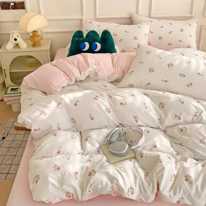 Mint green & cream cartoon heart plant quilt set bedroom bedding