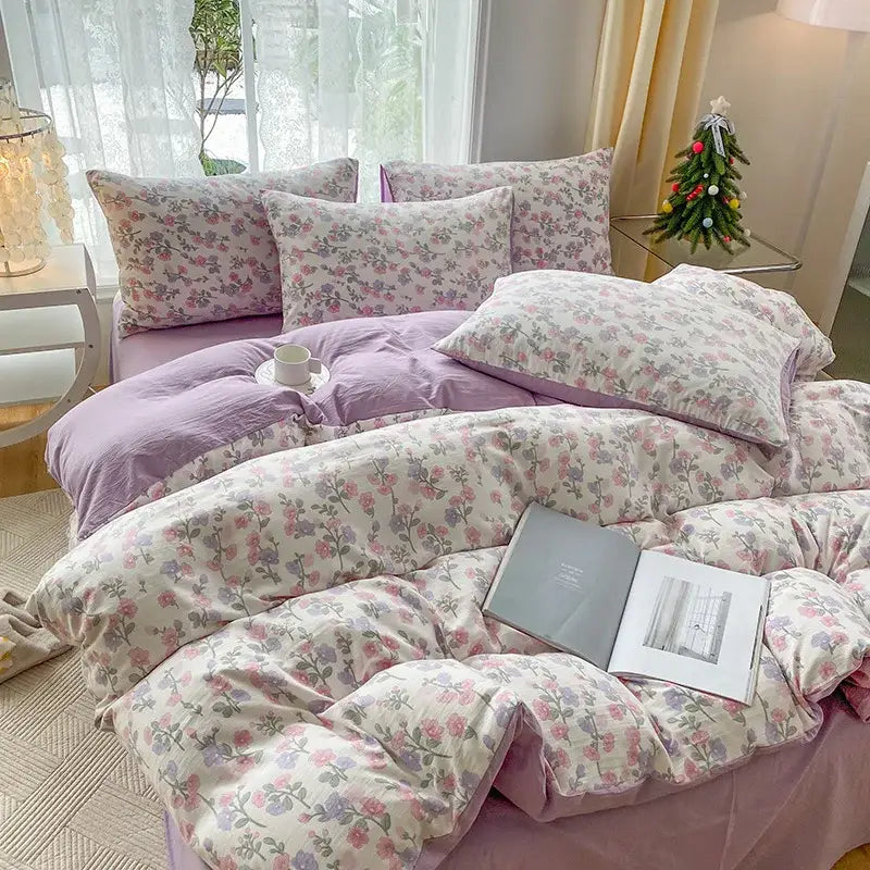 Mint green & cream cartoon heart plant quilt set bedroom bedding