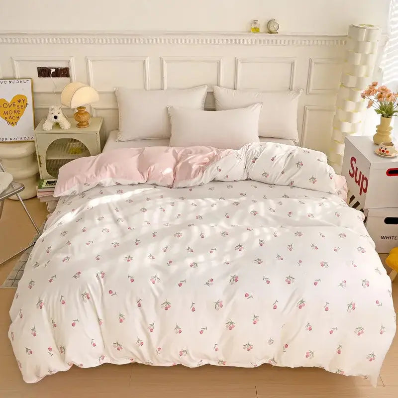Mint green & cream cartoon heart plant quilt set bedroom bedding