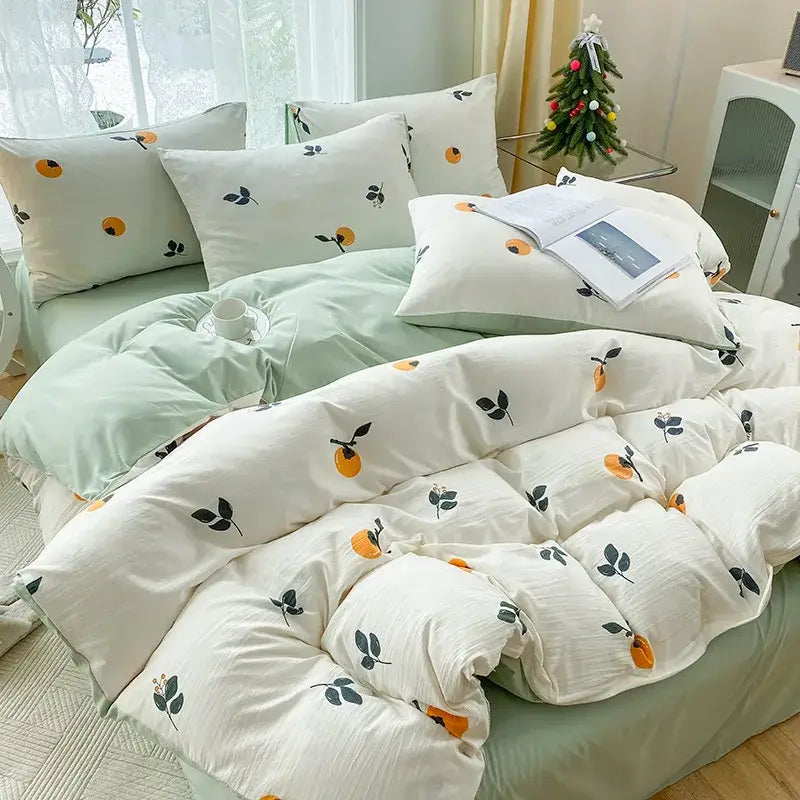 Mint green & cream cartoon heart plant quilt set bedroom bedding