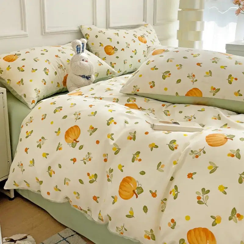 Mint green & cream cartoon heart plant quilt set bedroom bedding