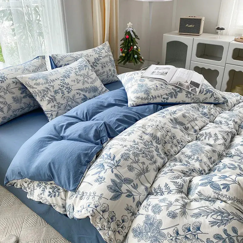 Mint green & cream cartoon heart plant quilt set bedroom bedding