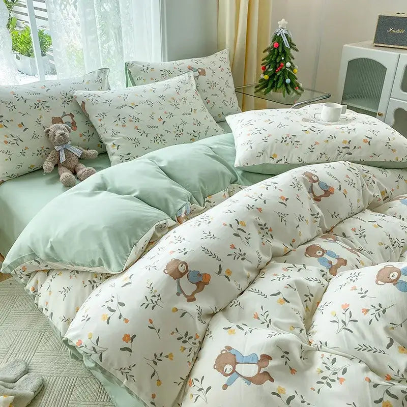 Mint green & cream cartoon heart plant quilt set bedroom bedding