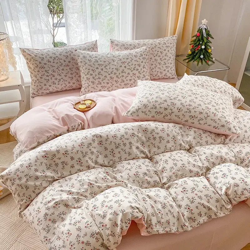 Mint green & cream cartoon heart plant quilt set bedroom bedding