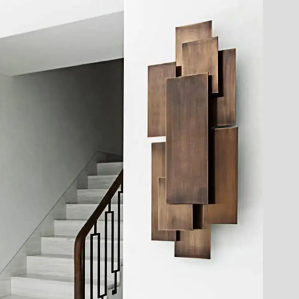 Modern abstract dark wood wall sconce stairway direct wired light