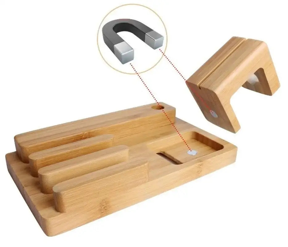 Modern bamboo base 3-in-1 charging stand with led lamp bedroom station
