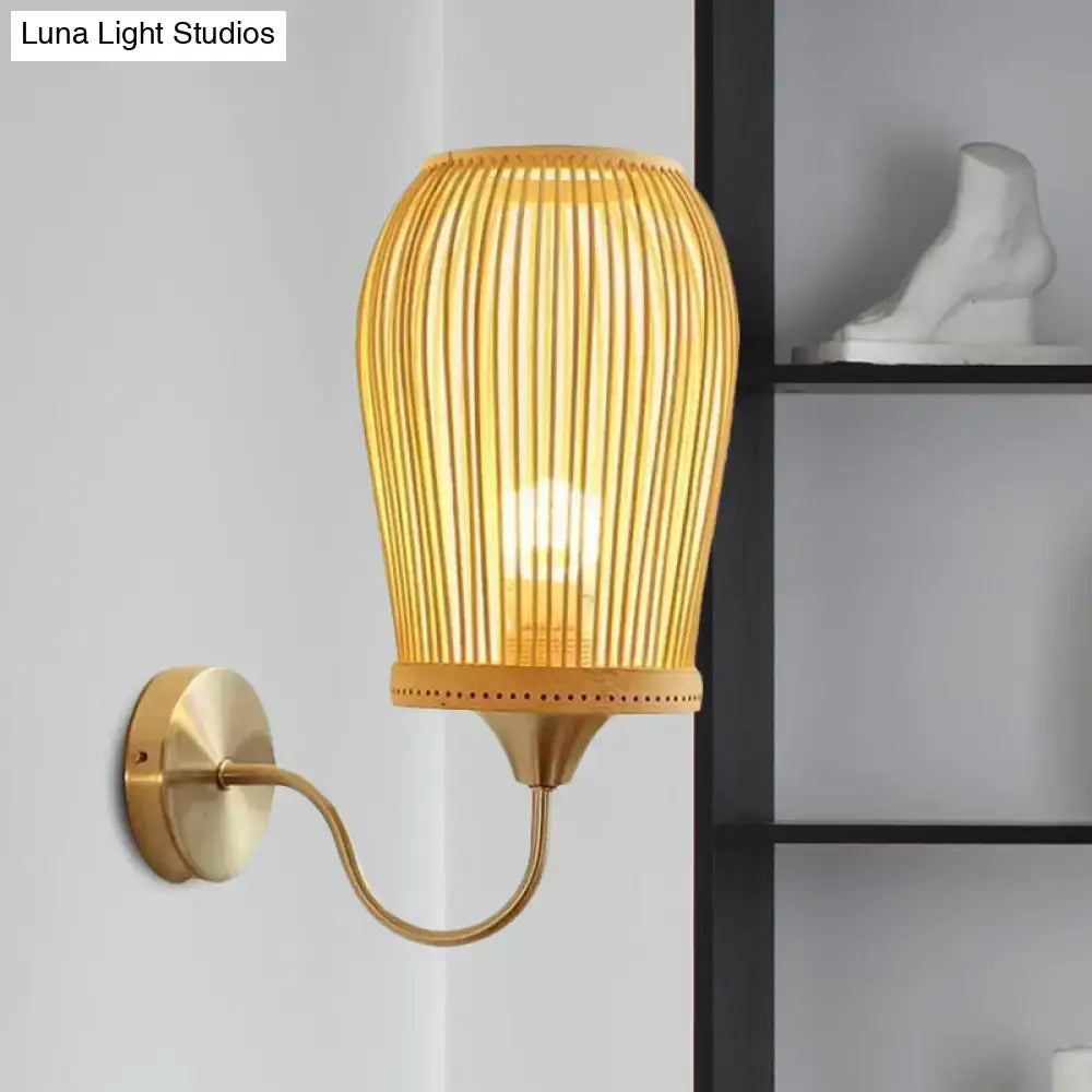 Modern bamboo cage wall sconce with metal gooseneck arm bedroom light