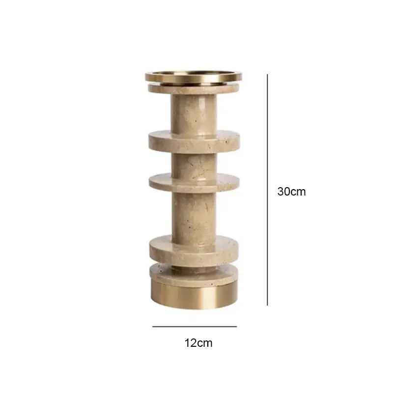 Modern beige & brown travertine candle holder with metal base dining room
