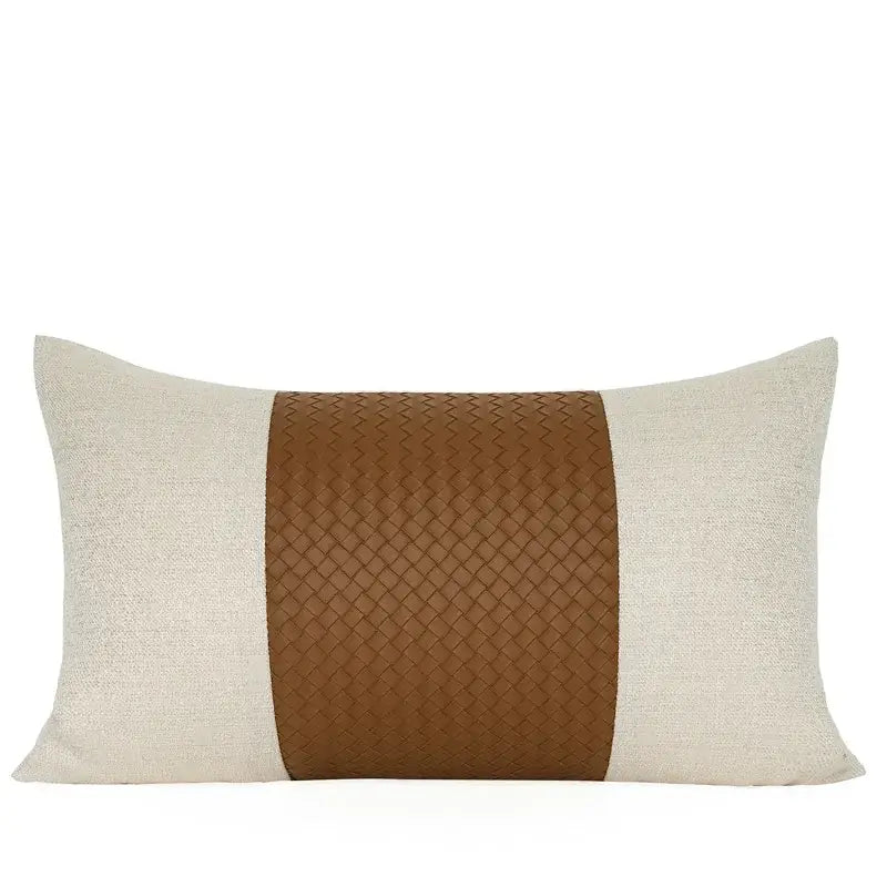 Modern beige & gold houndstooth jacquard lumbar pillow bedroom decor