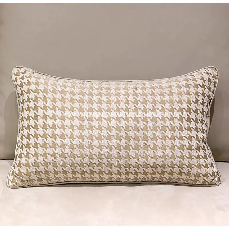 Modern beige & gold houndstooth jacquard lumbar pillow bedroom decor