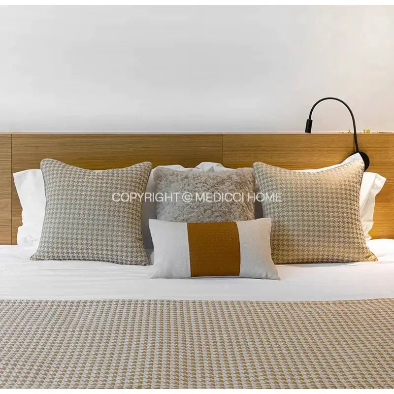 Modern beige & gold houndstooth jacquard lumbar pillow bedroom decor