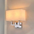 Modern beige rectangular wall sconce with linen shade and polished chrome frame suitable for 110v-120v use